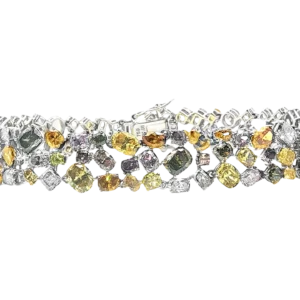 Indulge in the radiance of this exquisite tennis bracelet, masterfully crafted in gleaming white gold over silver. This captivating piece showcases fancy yellow diamonds in cushion shape with brilliant cutting style. This bracelet is a harmonious blend of timeless elegance and modern flair.