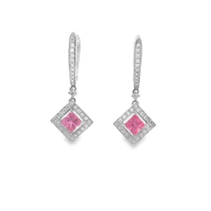 Vivid Pink Sapphire Dangle Earrings in 14k White gold.  SKU DDI-10-10088