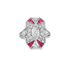 18kt White Gold Ring with Marquise Diamond and Step-Cut Ruby Accents. SKU DDI-5-10018