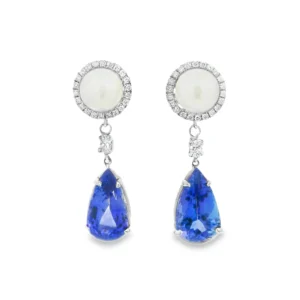 14kt White Gold pearl and diamond drop earrings with a Pear shaped Tanzanite. SKU DDI-590-10034