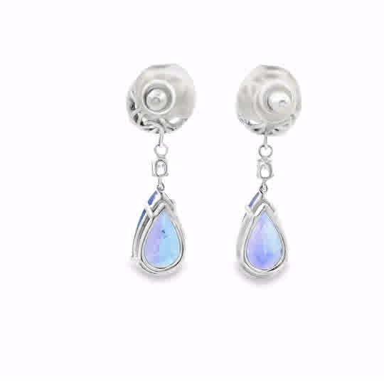 14kt White Gold pearl and diamond drop earrings with a Pear shaped Tanzanite. SKU DDI-590-10034 - Image 2