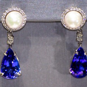 14kt White Gold pearl and diamond drop earrings with a Pear shaped Tanzanite. SKU DDI-590-10034