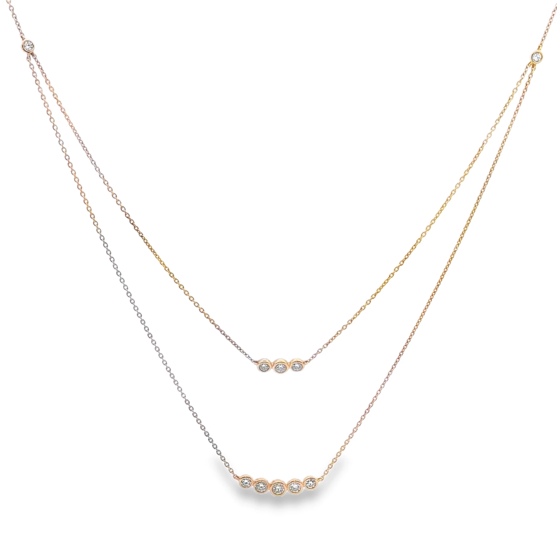 Rose Gold Layered Necklace with Round Brilliant Diamonds. SKU 141159N48B