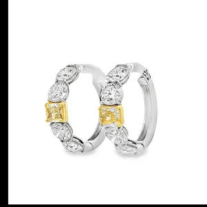 18K White Gold Hoop Earrings with Brilliant Round Diamonds and matching Fancy Intense Yellow Radiant cut Diamonds. SKU 1811