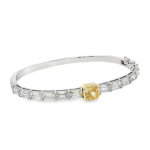 14K White Gold Bangle Featuring a 1.53 Fancy Intense Yellow GIA Yellow Radiant-Cut Diamond. SKU 1962