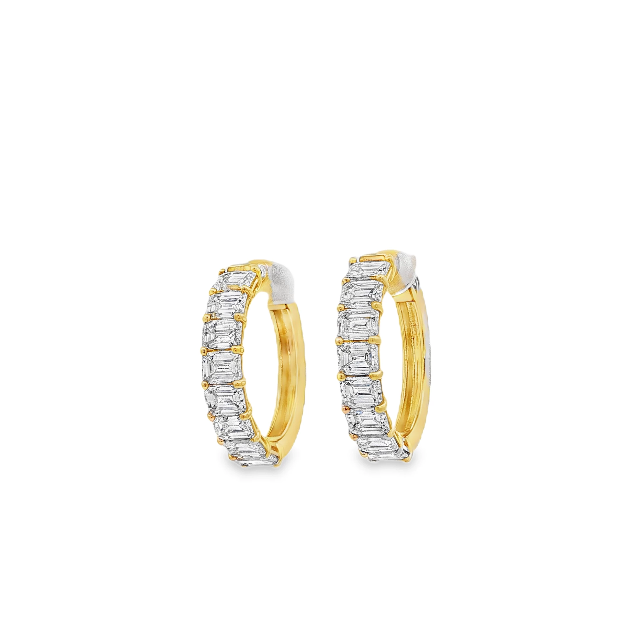 14K Yellow gold hoops with 6.87 CT Emerald Cut Diamonds. SKU 2670
