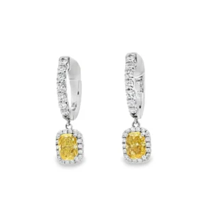 White Gold Dangle Earrings with Cushion Cut Vivid Yellow Diamonds. SKU 2696