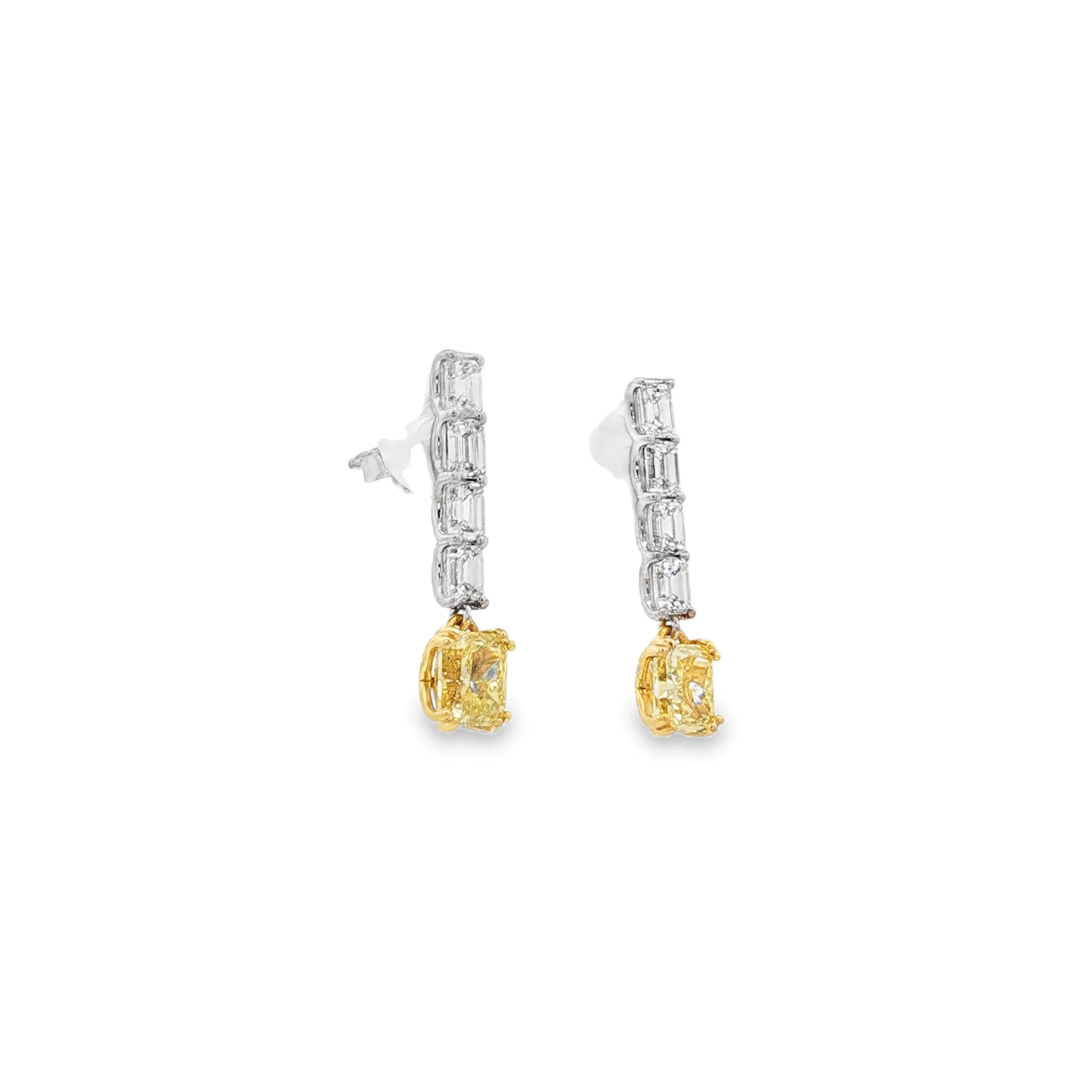 Fancy Intense Yellow Cushion Cut Diamond Dangle Earrings in White Gold. SKU 3083 - Image 2