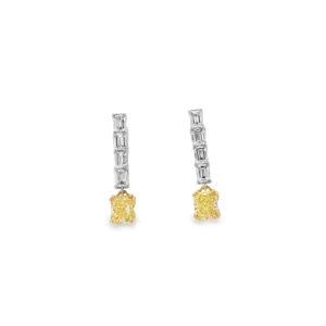 Fancy Intense Yellow Cushion Cut Diamond Dangle Earrings in White Gold. SKU 3083