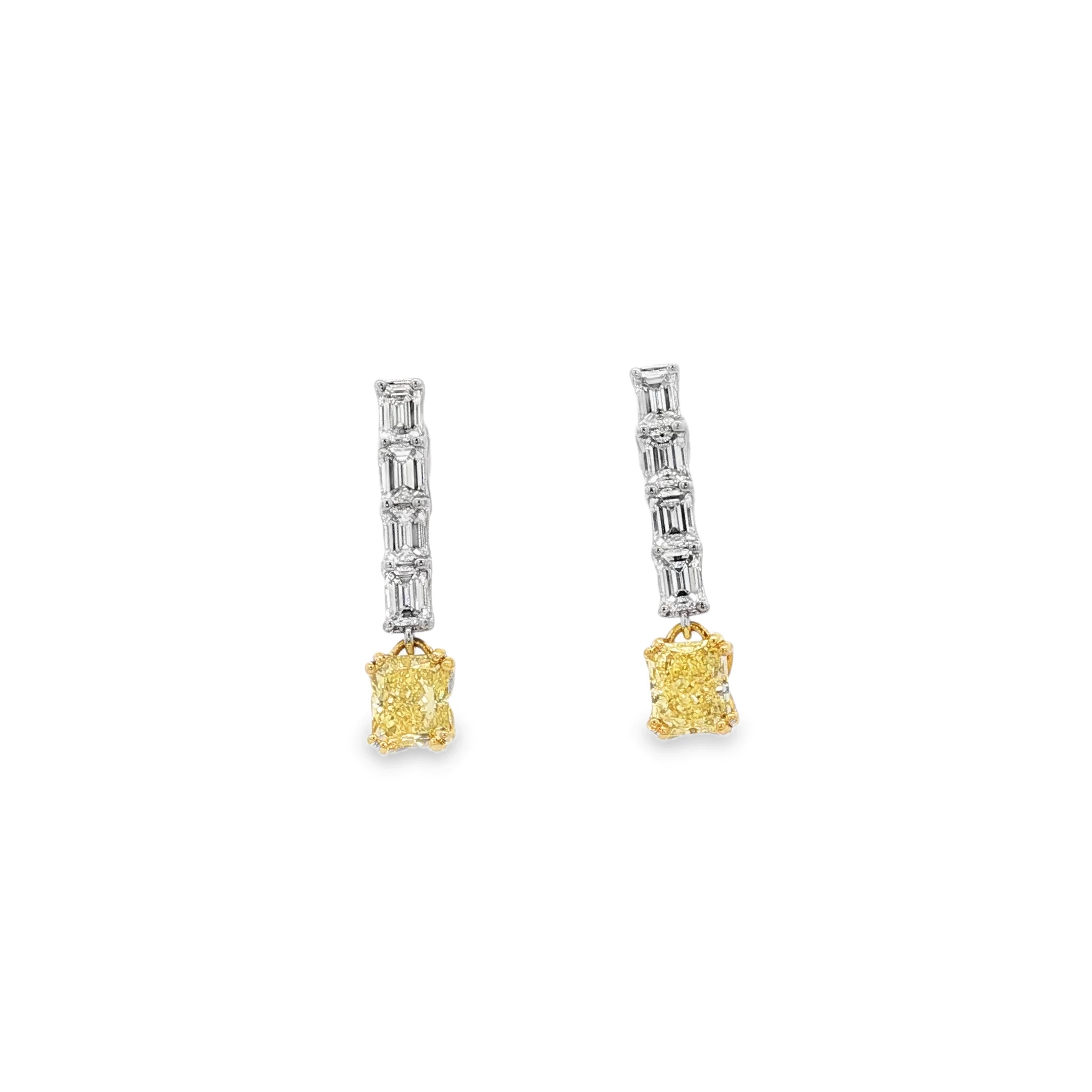 Fancy Intense Yellow Cushion Cut Diamond Dangle Earrings in White Gold. SKU 3083