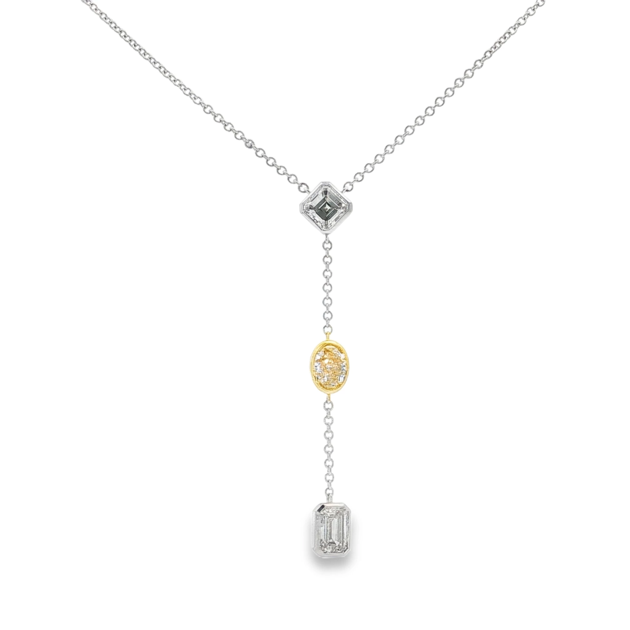 Sterling Silver Charm Necklace with Emerald Cut Diamond and Vivid Yellow Sapphire. SKU 5243