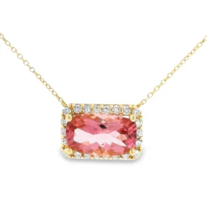 14kt rose gold Necklace with Emerald-cut pink Tourmaline and diamond halo. SKU  DDI-1-10171
