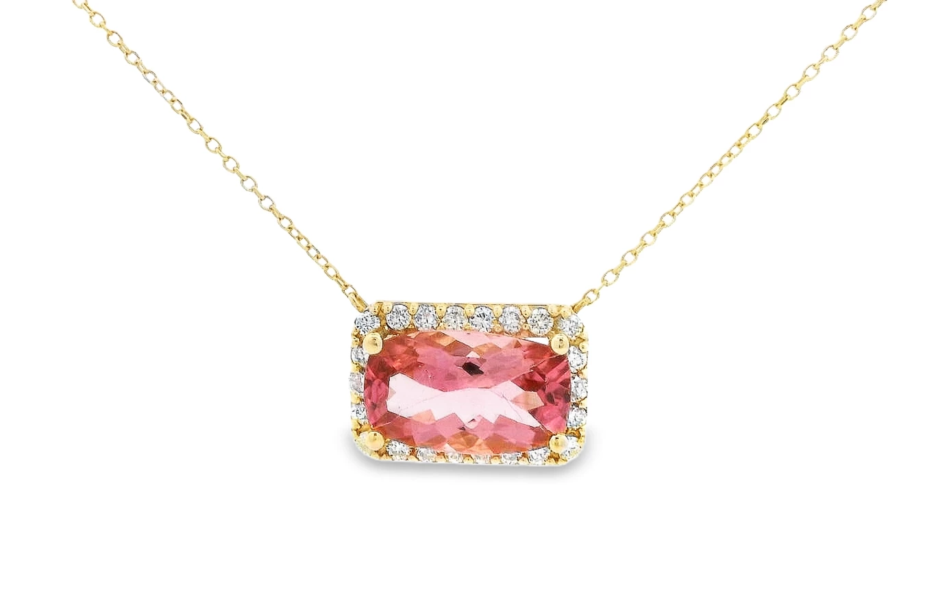14kt rose gold Necklace with Emerald-cut pink Tourmaline and diamond halo. SKU DDI-1-10171