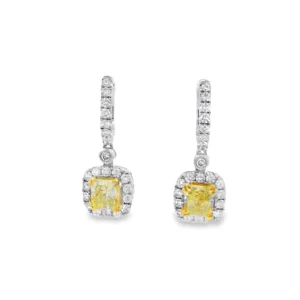 White Gold Dangle Earrings with Cushion-Cut Fancy Yellow Diamonds. SKU DDI-10-10048