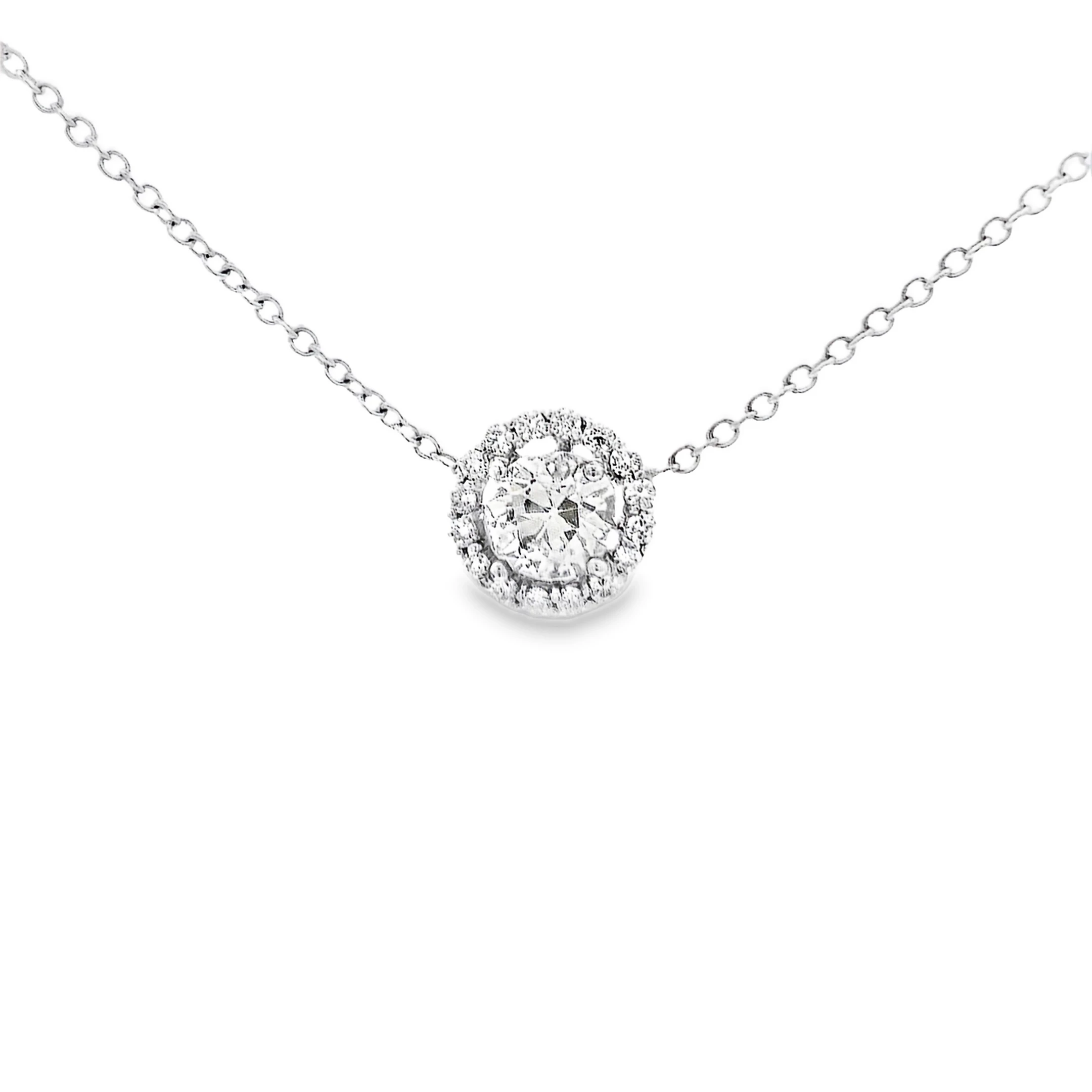 14kt White Gold Round Brilliant Diamond Halo Necklace. SKU DDI-30-10183