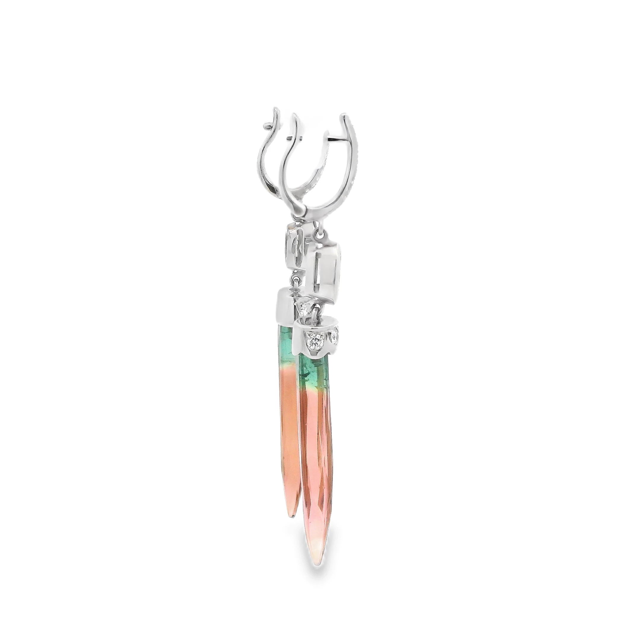 14kt White Gold Dangle Earrings with Diamond and Watermelon Tourmaline. SKU DDi-10-10007 - Image 3