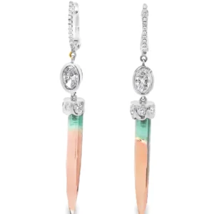 14kt White Gold Dangle Earrings with Diamond and Watermelon Tourmaline.  SKU DDi-10-10007