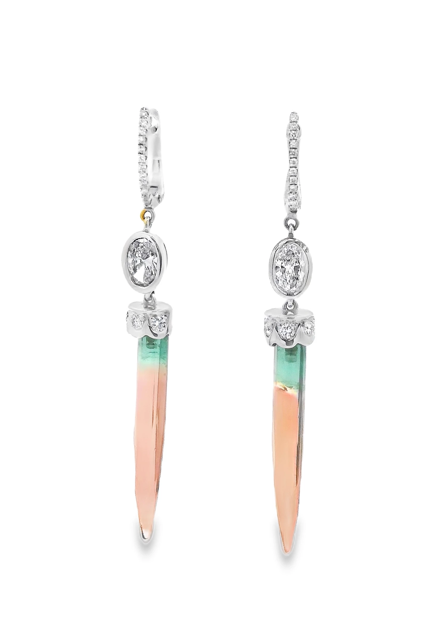14kt White Gold Dangle Earrings with Diamond and Watermelon Tourmaline. SKU DDi-10-10007